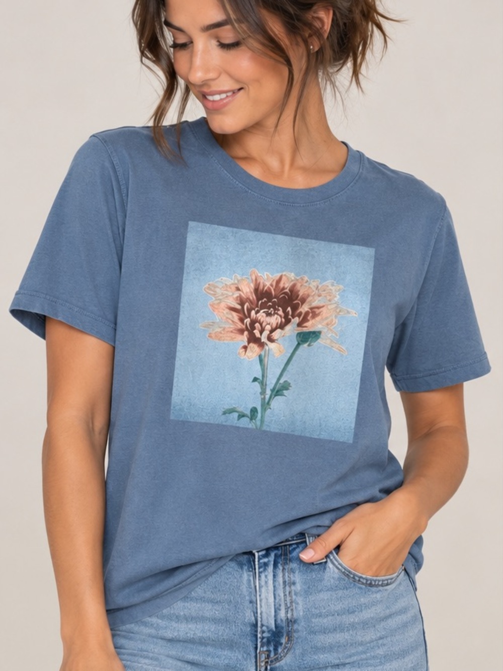 Goodfellow & Co Women's Dusty Blue Floral Graphic Tee Shirt Size Small